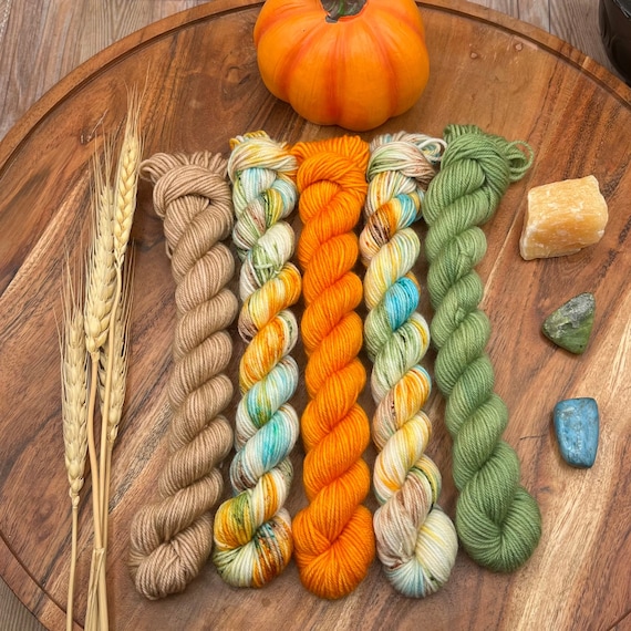 Meet Me in the Pumpkin Patch-mini skein set-hand dyed-orange-green-aqua-Fall-Autumn-sock-yarn-wool-fiber-gift.