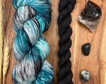 Sea Witch sock set-hand dyed-superwash merino/nylon-teal green-black-speckled-knitting-crochet-sock yarn-indie dyed-gift yarn.