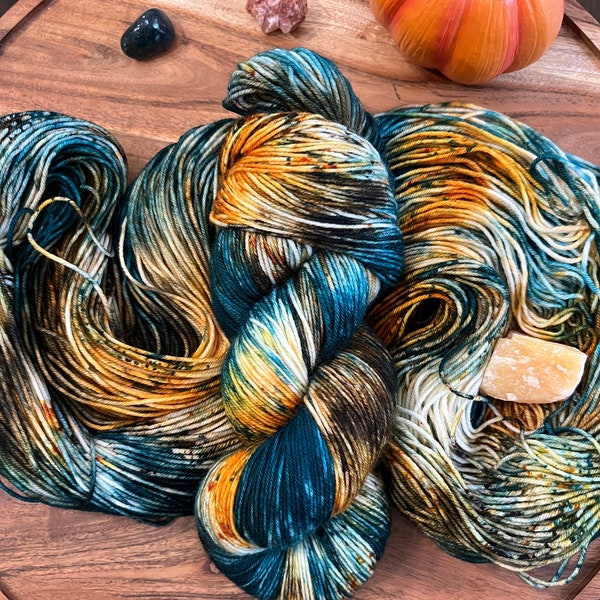 Fall Romance-MADE TO ORDER-hand dyed-superwash merino/nylon-knitting-crochet-teal-orange-speckled-fall-sock/dk/worsted-yarn-indie dyed