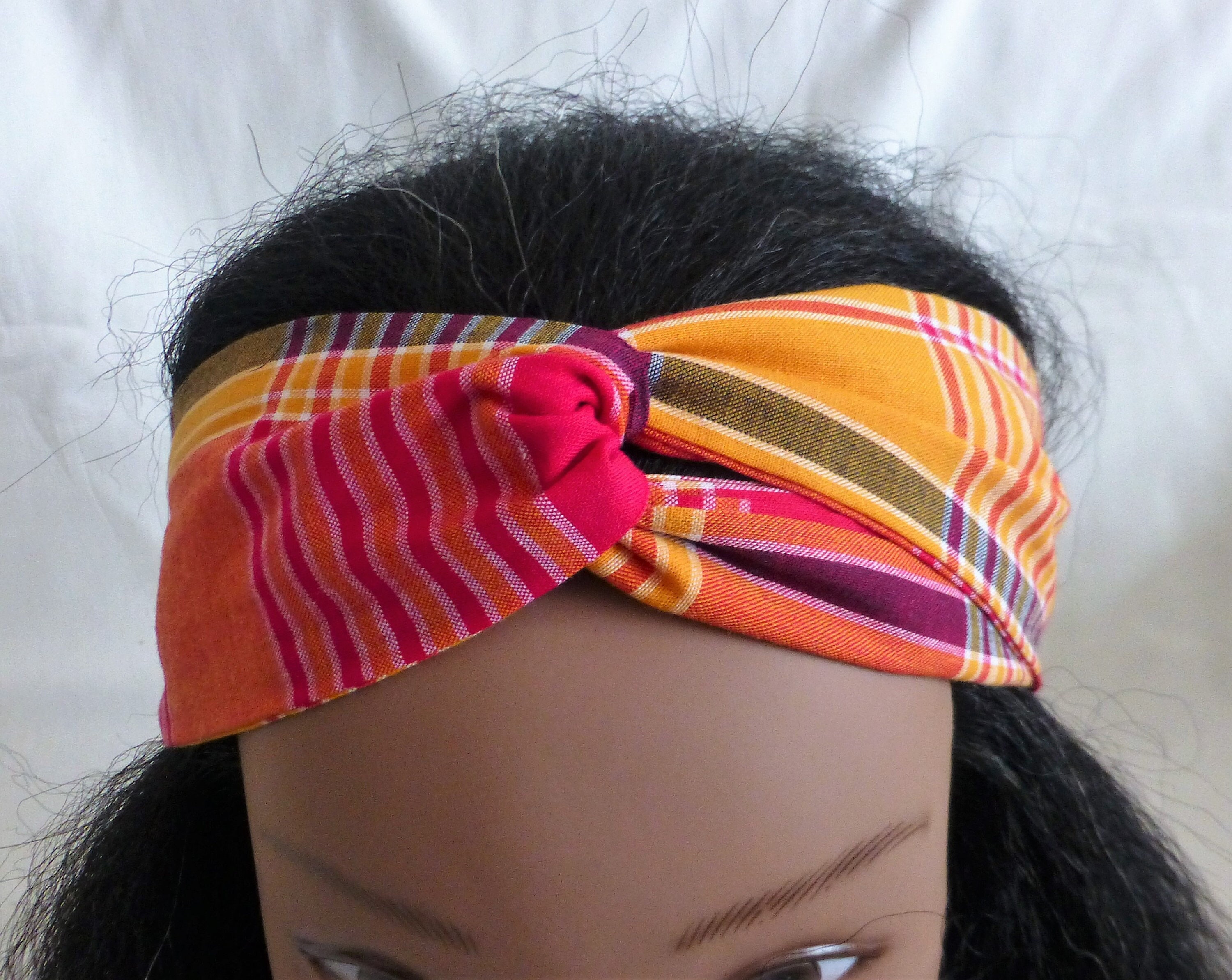 BIEN ABYE FUCHSIA MADRAS PLAID SILK HEADBAND PINK RED GOLD NWOT Pink Headband Fuchsia Hair Band Thin Hair Band with Pearls  main image 3