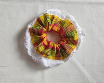 Madras fabric and lace scrunchie