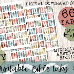 Op de afbeelding: Printbare Bijbeltabbladen met 66 tabbladen en een bonusblad. De tabbladen zijn in een minimalistische abstracte stijl met verschillende kleuren en patronen. De tekst "DIY Printable Bible Tabs" staat onderaan de afbeelding.