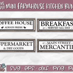 May include: Four mini farmhouse kitchen signs with a woodgrain background. The signs read "Coffee House Always Fresh", "Breakfast Served All Day", "Supermarket & Dry Goods", and "Main Street Mercantile".
