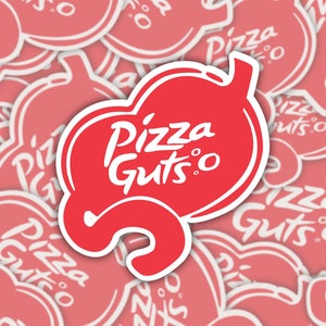May include: A close-up of a pile of red and white stickers with the text "Pizza Guts.o" on them. The stickers are in the shape of a heart and have a white outline.