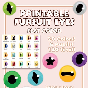 May include: Printable flat color fursuit eyes in 20 different colors with 6 different pupil styles, for a total of 120 eye designs.  Includes an Illustrator file.