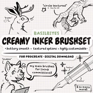 Peut inclure: Une publicité pour le produit numérique BASILBITES CREAMY INKER BRUSHSET pour Procreate. L'image présente des illustrations au trait en noir et blanc d'un jackalope, d'une griffe et d'un personnage qui dessine, avec un stylo plume et du texte.