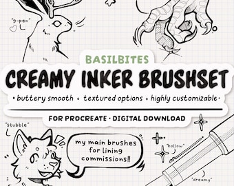 May include: A digital product advertisement for the BASILBITES CREAMY INKER BRUSHSET for Procreate. The image features black and white line art illustrations of a jackalope, a claw, and a character drawing, alongside a fountain pen and text.