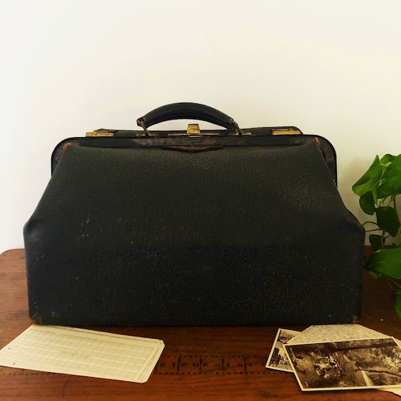 19th C. Victorian Original Double Handled Initialed Leather Portmanteau  Suitcase