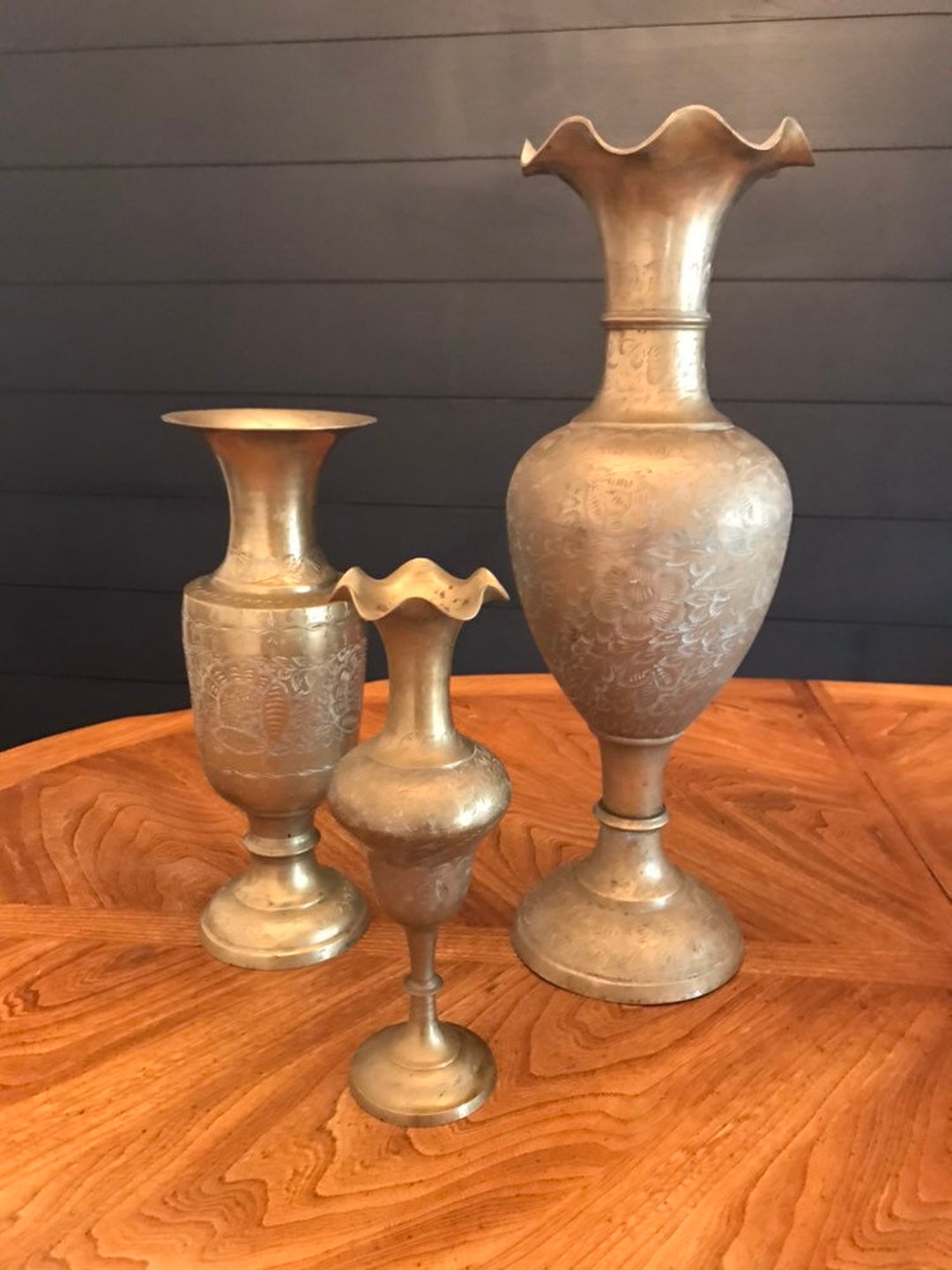 Vintage brass vases , 1960s etched brass vases, Large Vintage brass