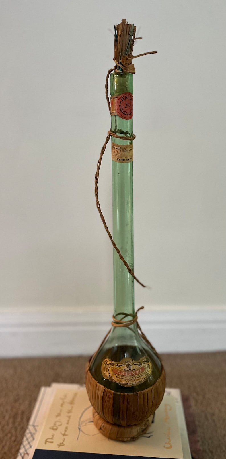 Vintage Wine Bottle Italy Chianti 1970 Long Neck Raffia Green Etsy