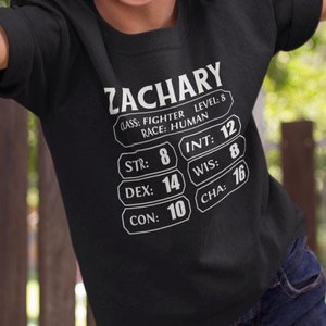 CUSTOMIZABLE Kids Tee, Nerdy Kids Shirt, Character Sheet Stats Shirt, RPG Game Shirt, Tabletop Gamer Gift, Nerdy Kids Birthday Party Outfit