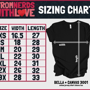 May include: Sizing chart for Bella + Canvas 3001 unisex jersey short sleeve tee. The chart shows the width and length measurements in inches for sizes XS to 3X.