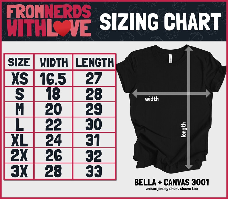 May include: Sizing chart for Bella + Canvas 3001 unisex jersey short sleeve tee. The chart shows the width and length measurements in inches for sizes XS to 3X.