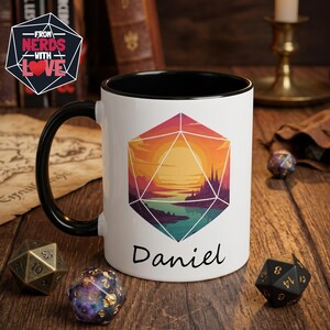 Caneca D20 Personalizada - Presente Personalizado com Nome para Mestre de RPG, Caneca de Café com Paisagem Fantástica para Jogadores - Acessórios Nerds