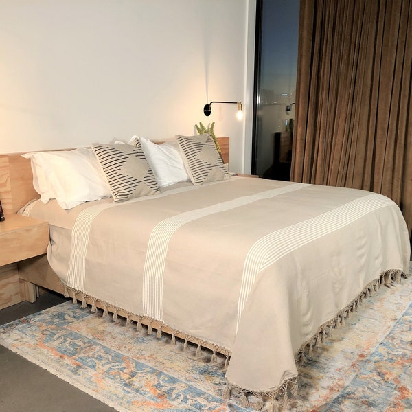 Handwoven Mexican Cotton Bedspread, 100%  Organic Oaxacan Cotton, Tassel detail, gift, wedding, home decor, bedding, linen