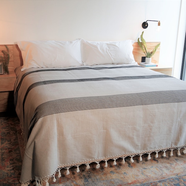 Handwoven Mexican Cotton Bedspread, 100%  Organic Oaxacan Cotton, Tassel detail, gift, wedding, home decor, bedding, linen
