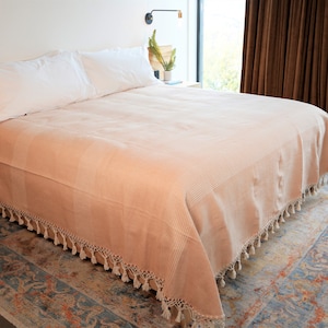 Handwoven Mexican Cotton Bedspread, 100%  Organic Oaxacan Cotton, Tassel detail, gift, wedding, home decor, bedding, linen