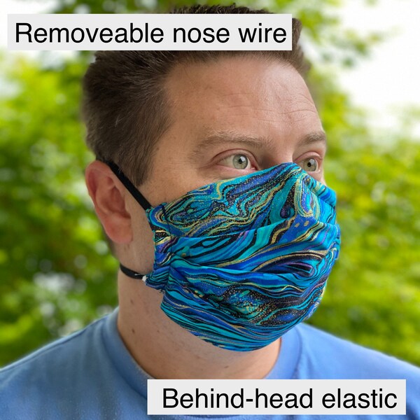 Face mask, pleated, behind head elastic, reusable, washable, adjustable, nose wire, large, adult, teen, around head, over head