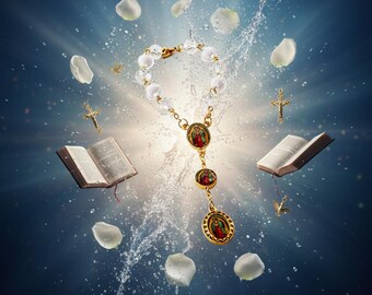 Pulsera del Rosario de Cristal de Guadalupe – Cuentas acrílicas – Joyería de oración – Recuerdo de Primera Comunión