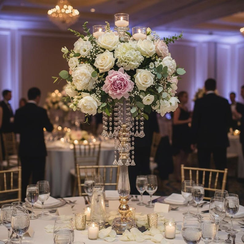 Puede incluir: Un centro de mesa alto de oro y cristal transparente que sostiene un gran arreglo floral de rosas blancas, hortensias y una peon&iacute;a rosa, acentuado con cuentas de cristal colgantes y tres peque&ntilde;os portavelas de vidrio.