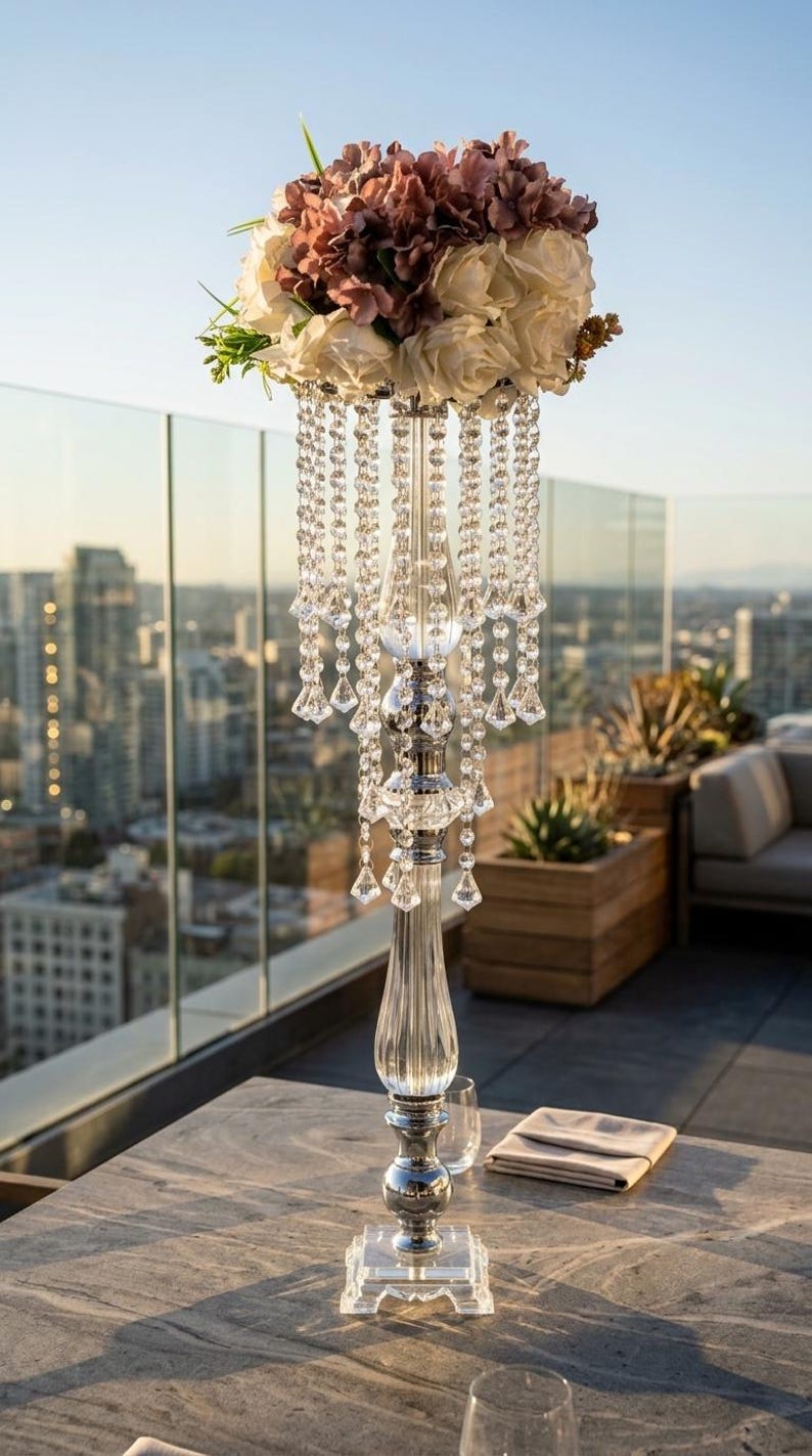 Puede incluir: Un centro de mesa alto de acr&iacute;lico transparente y metal plateado con un dise&ntilde;o escalonado y cuentas colgantes facetadas tipo cristal. La parte superior sostiene un gran arreglo floral redondeado de flores artificiales color crema y rosa viejo.