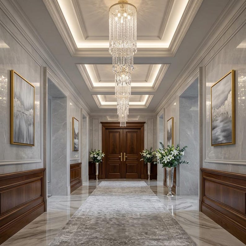 May include: A long hallway featuring a tiered crystal chandelier hanging from a recessed ceiling. The space includes dark wood wainscoting, marble flooring, a gray runner rug, and double wooden doors. Framed abstract art hangs on the walls.