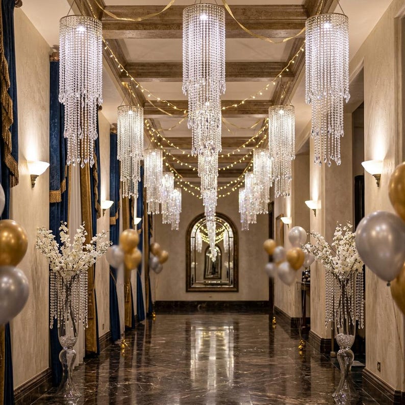 May include: A hallway featuring multiple tiered crystal chandeliers hanging from the ceiling, accented by strings of warm fairy lights. Tall glass vases filled with white floral arrangements and gold and silver balloons line the floor.