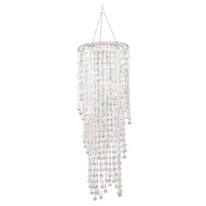 May include: A cylindrical hanging light fixture featuring multiple tiers of clear, faceted glass beads suspended from a circular silver-toned metal frame. The beads are arranged in vertical strands of varying lengths, creating a cascading effect.
