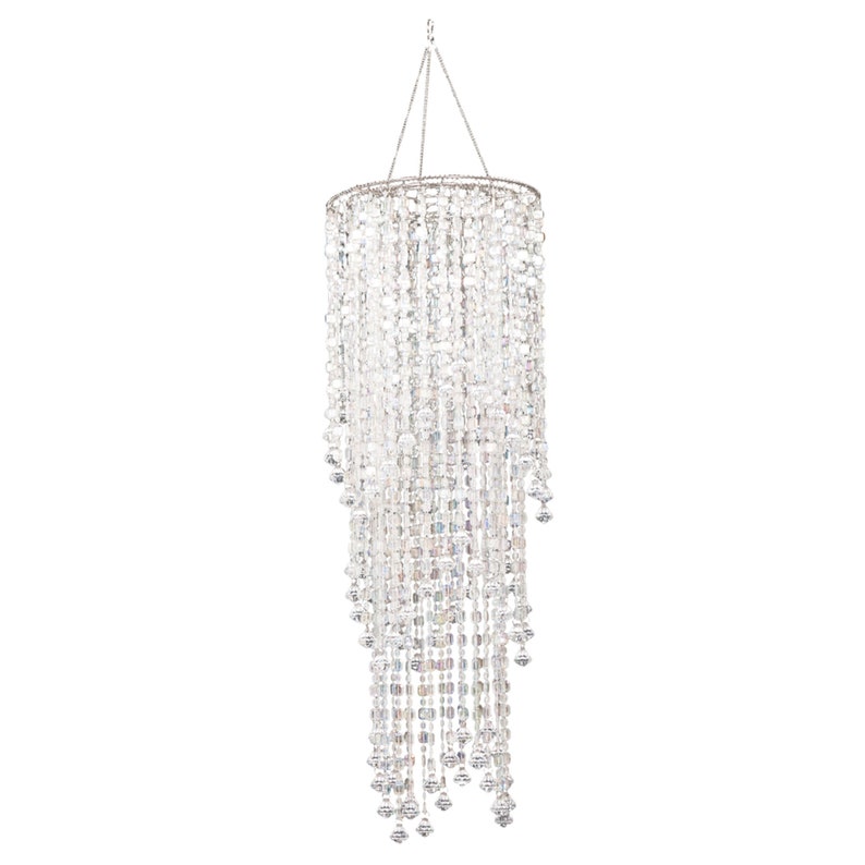 May include: A cylindrical hanging light fixture featuring multiple tiers of clear, faceted glass beads suspended from a circular silver-toned metal frame. The beads are arranged in vertical strands of varying lengths, creating a cascading effect.
