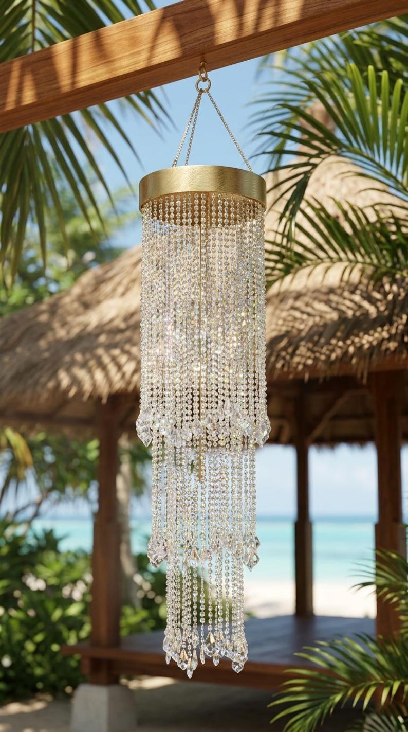 May include: A cylindrical hanging light fixture featuring a gold-toned metal frame and multiple tiers of clear, faceted crystal beads. The structure is suspended by a thin metal chain, with the crystal strands cascading downward in a layered design.