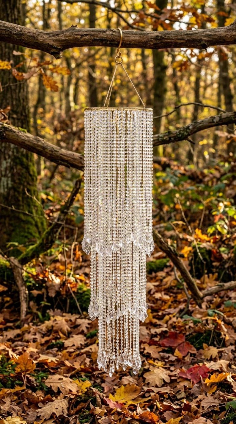 May include: A three-tiered cylindrical chandelier featuring numerous strands of clear, faceted crystal beads suspended from a circular gold-toned frame. The structure hangs from a gold-toned hook and includes pointed crystal drops at the base of each tier.