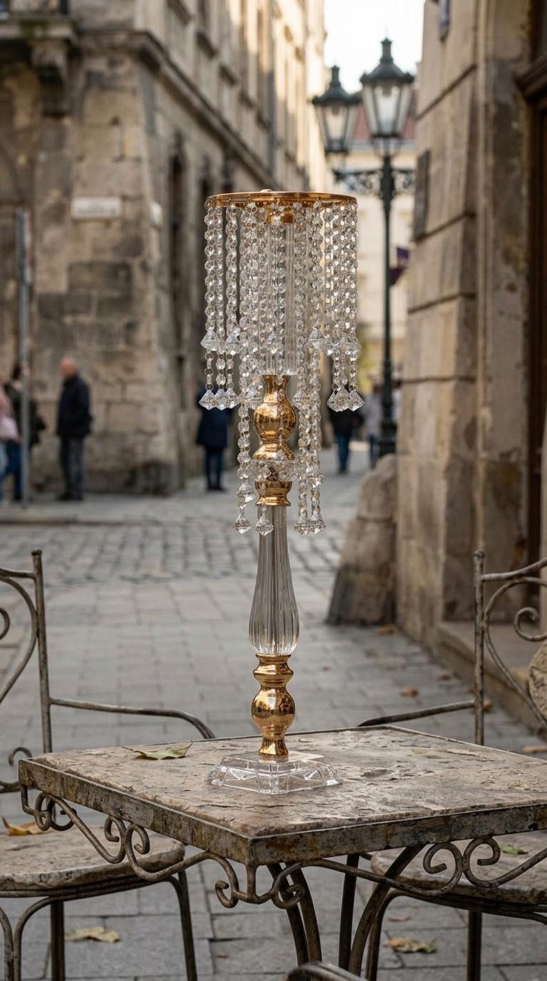 Puede incluir: Un soporte decorativo alto para centro de mesa con base y tallo de metal dorado y detalles en acr&iacute;lico transparente. El marco circular superior est&aacute; adornado con m&uacute;ltiples hileras de cuentas transparentes colgantes tipo cristal.