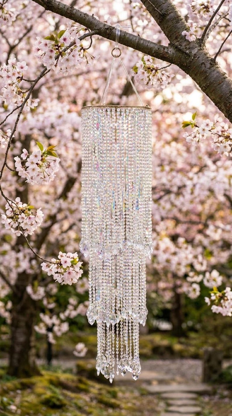 May include: A tiered crystal chandelier wind chime featuring multiple strands of clear, faceted glass beads hanging from a circular frame. The structure is suspended by a clear plastic loop and features varying lengths of beads ending in pointed crystals.