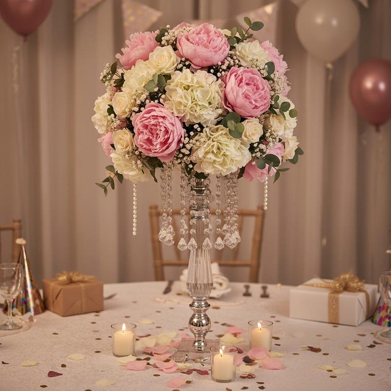 Puede incluir: Un soporte de centro de mesa de metal plateado con base redonda, tallo delgado y cuentas transparentes colgantes. El soporte sostiene un gran arreglo floral redondeado de peon&iacute;as rosas, rosas color crema, hortensias y hojas de eucalipto verde.
