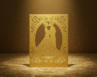 Invitación de boda cortada con láser / Tarjeta con silueta de pareja / Tarjeta elegante para eventos formales