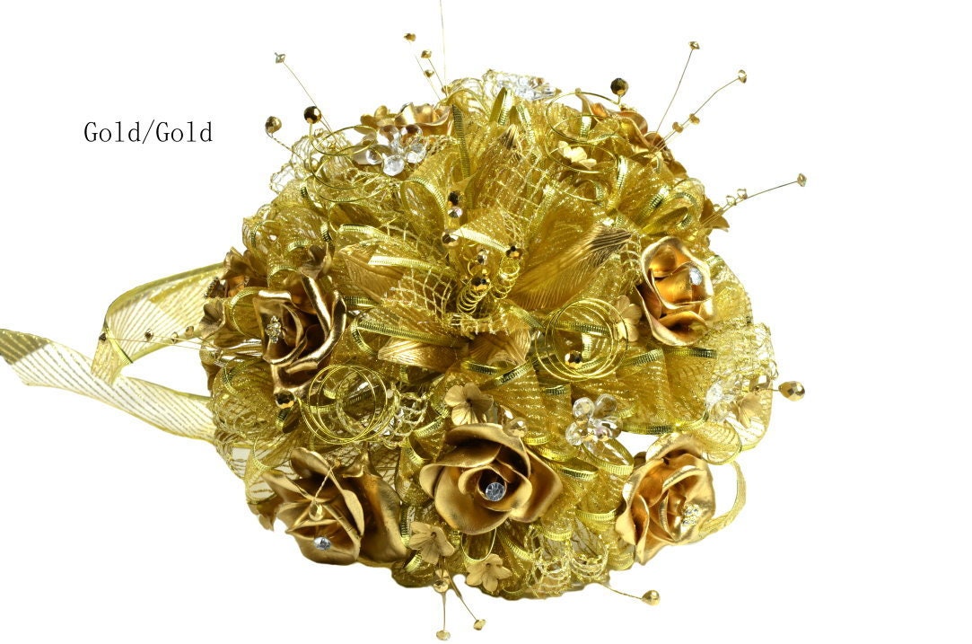 Artificial FlowersWedding Gold Tone Bouquet2 Pieces Set.