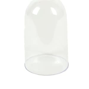 May include: A clear glass cloche, a protective cover with a rounded top and a cylindrical base. The transparent glass allows full visibility of the items it encloses. The cloche is designed for display purposes, with a simple, elegant design.