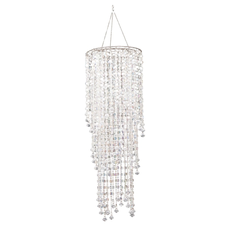 May include: A cylindrical hanging light fixture featuring multiple tiers of clear, faceted glass beads suspended from a circular silver-toned metal frame. The beads are arranged in vertical strands of varying lengths, creating a cascading effect.