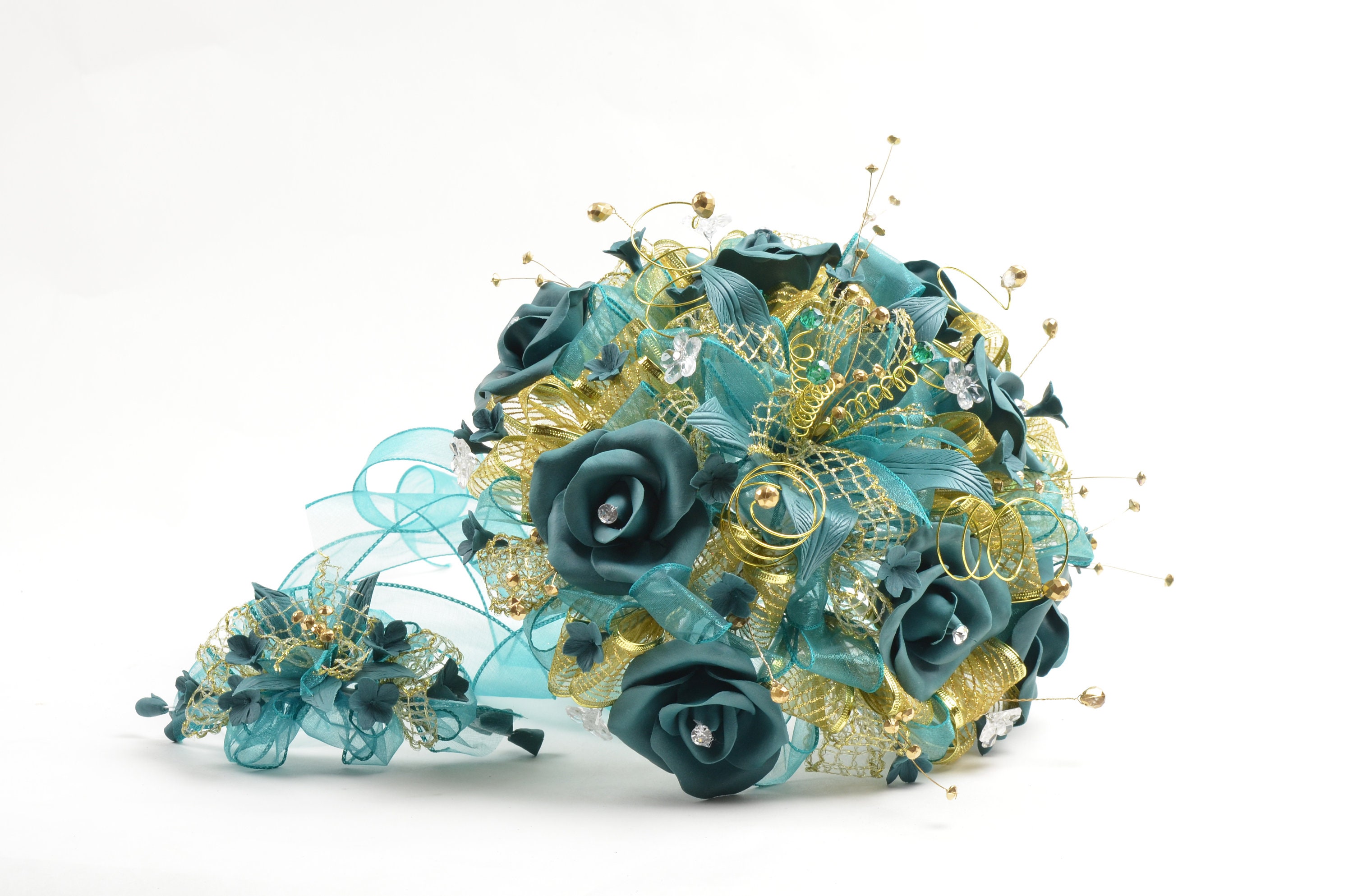 Artificial FlowersWedding Gold Tone Bouquet2 Pieces Set.