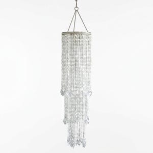 May include: A tiered cylindrical chandelier featuring multiple strands of clear, faceted crystal beads suspended from a circular silver-toned metal frame. The fixture hangs from a central wire and tapers into three distinct, layered sections.