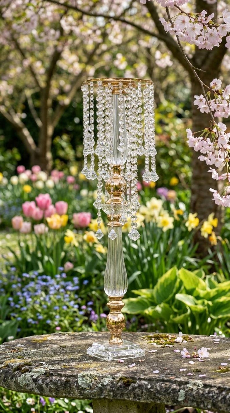 Puede incluir: Un candelabro alto y esbelto con un tallo de vidrio transparente con estr&iacute;as verticales, acentuado por secciones de metal dorado. La plataforma circular superior est&aacute; adornada con m&uacute;ltiples hileras de cuentas de cristal transparente facetado.