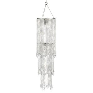 May include: A tiered cylindrical chandelier featuring multiple strands of clear, faceted crystal beads suspended from a circular silver-toned metal frame. The fixture hangs from thin wires attached to a central ring, creating a cascading effect.