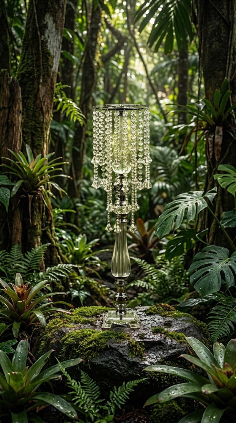 Puede incluir: Un soporte de centro de mesa alto de vidrio transparente con un dise&ntilde;o escalonado y cuentas colgantes facetadas tipo cristal. La estructura incluye una columna central delgada y estriada sobre una base cuadrada para exhibir objetos.