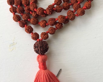 Rudraksha 108 Perle Mala; Noué à la main avec gland 5 perles Mukhi avec 6 perles Mukhi Guru