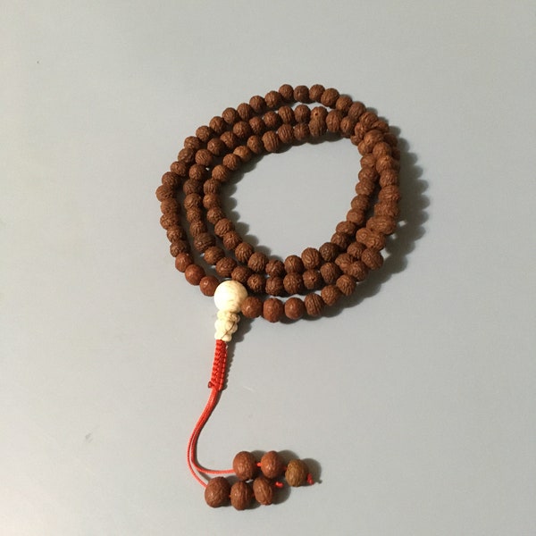 Raktu Bodhi Seed Mala necklace Conch shell guru beads. Adjustable knot makes this wooden mala perfect for Japa Mala