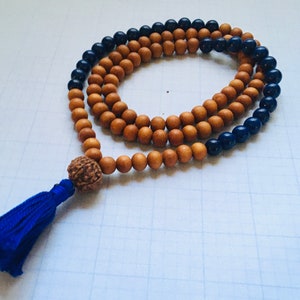 Sandalwood Mala necklace with Lapis beads in a zen sequence. Designed for meditation, Japa Mala and prayer. Blue Tassel, 10mm beads