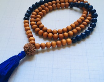 Sandalwood Mala necklace with Lapis beads in a zen sequence. Designed for meditation, Japa Mala and prayer. Blue Tassel, 10mm beads