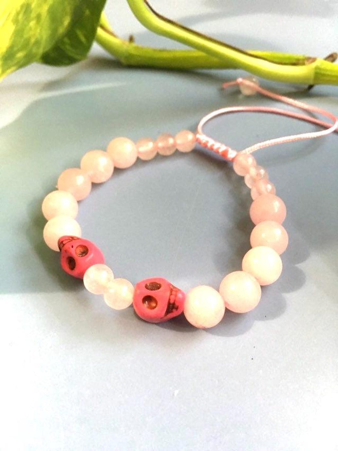 Rose Quartz Howlite Skulls Mala Bracelet Sliding Adjustable Knot Girls Pink Halloween Tibetan Bohemian, image size:1080x1441