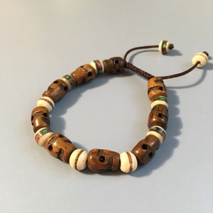 Skull Carved Yak Bone Beads and Tibetan Inlaid Beads Mala Bracelet With an Adjustable Knot Boho Tribal Nepal Halloween