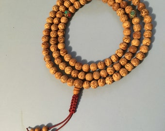 8mm Bodhi Seed Mala Necklace With Coral & Turquoise Inlaid Tibetan Marker Beads Sliding Knot 12mm Guru Bead *Rare* Mantra Meditation